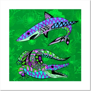 the shark and the alligator in wetland landscape ecopop Posters and Art